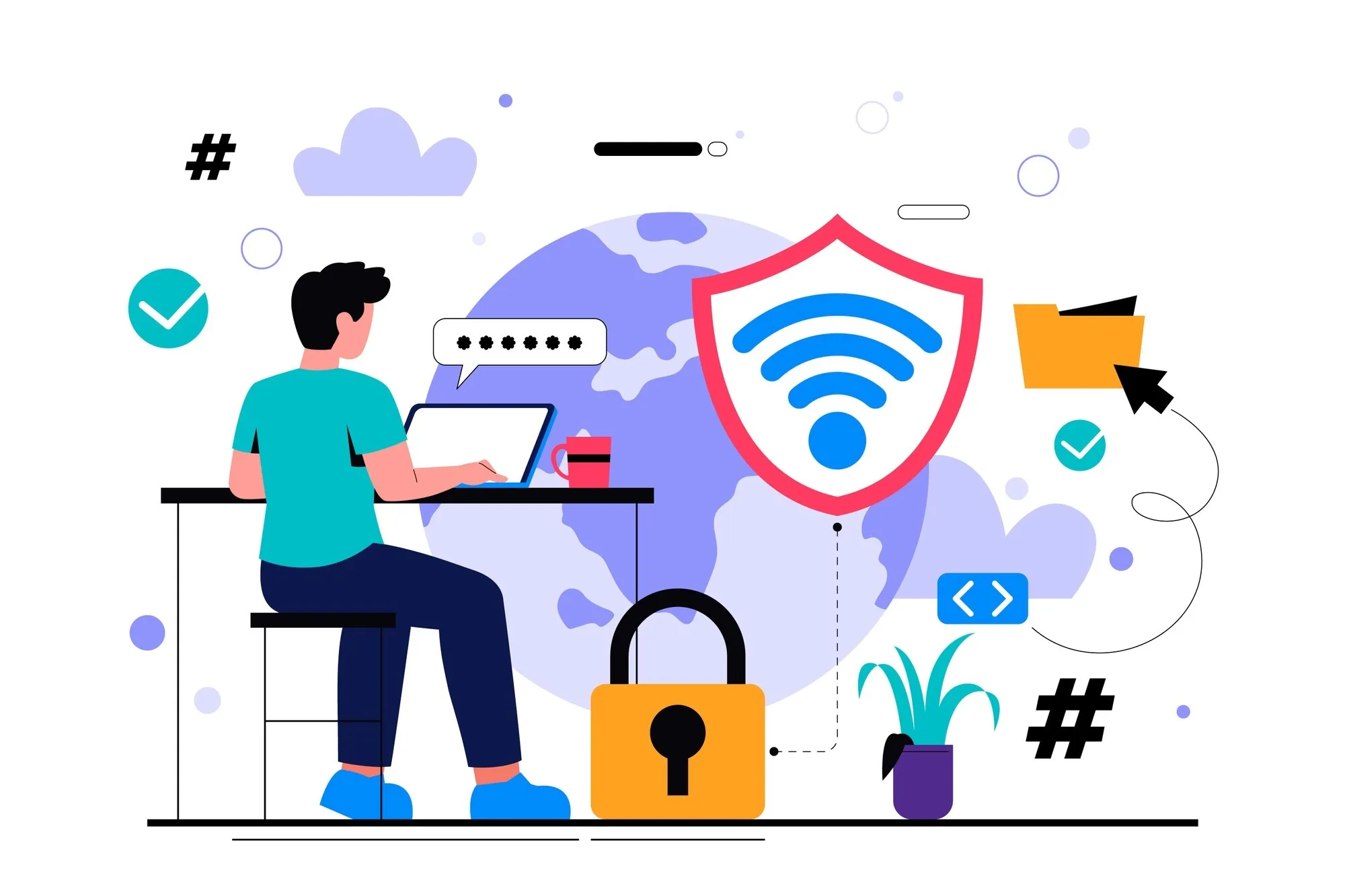 Digital safety Illustration of person with a lot of tech around them